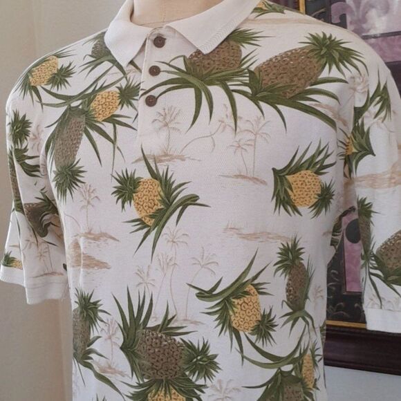 Cherokee Waikiki Wear Textured, Pineapple, Palm Tree print, Polo Shirt - Picture 1 of 12